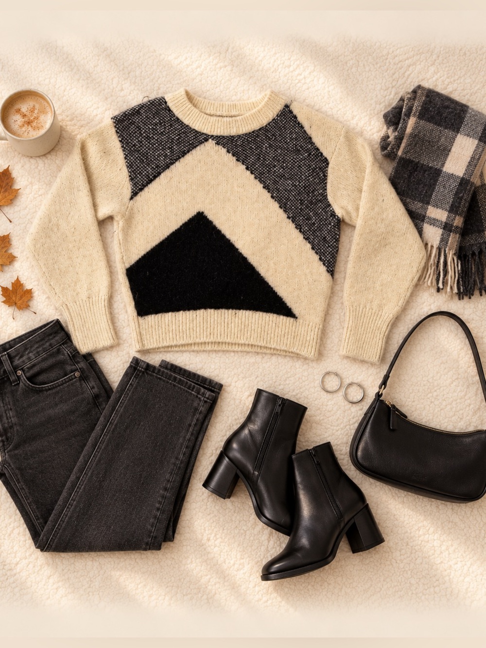 Express Cream Crewneck Sweater with Black & Gray Geometric Panels